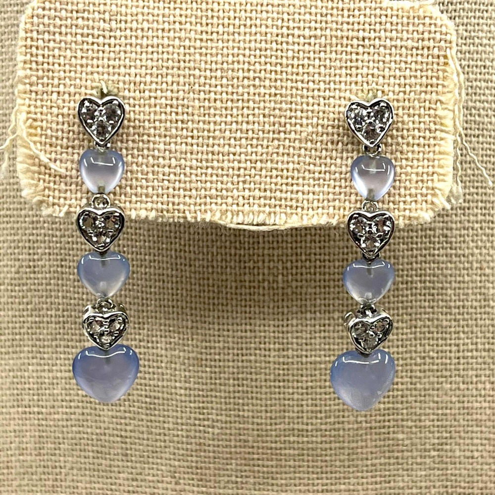 Vintage 10K White Gold Blue Chalcedony and White Topaz Heart Drop Earrings 1999 - Picture 1 of 13